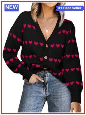 Heart Print V Neck Button Down Long Sleeve Knit Cardigan Sweater Soft